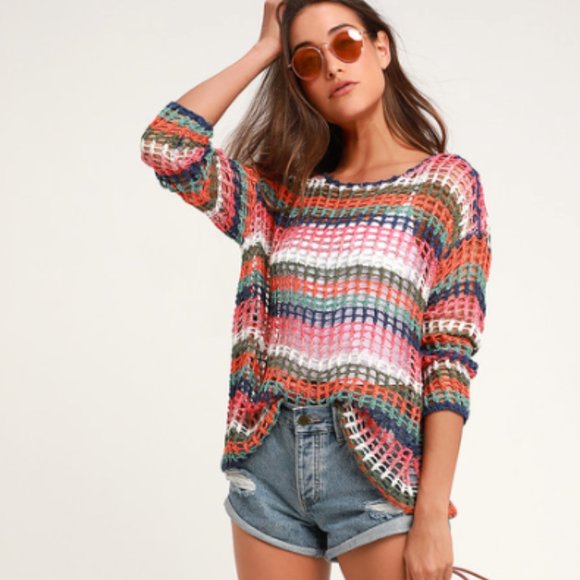 Lulus Sweaters - Linda Leigh Navy Blue Multi Striped Crochet Sweater Top - Small